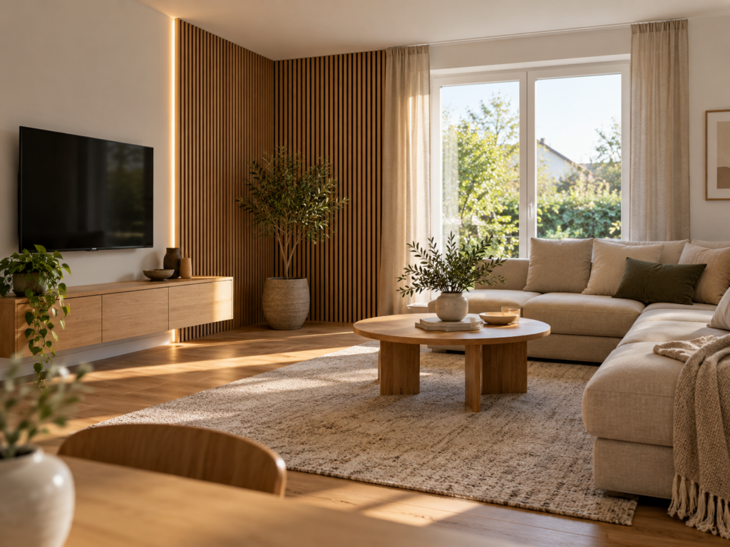Helles Wohnzimmer mit Eichen-Akustikpaneelen, indirekter Beleuchtung und beigem Sofa.