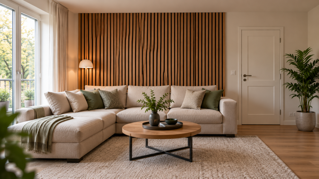 Modernes Wohnzimmer mit beigem Ecksofa, großflächiger Holzlamellenwand, rundem Couchtisch und frei zugänglicher Zimmertür.