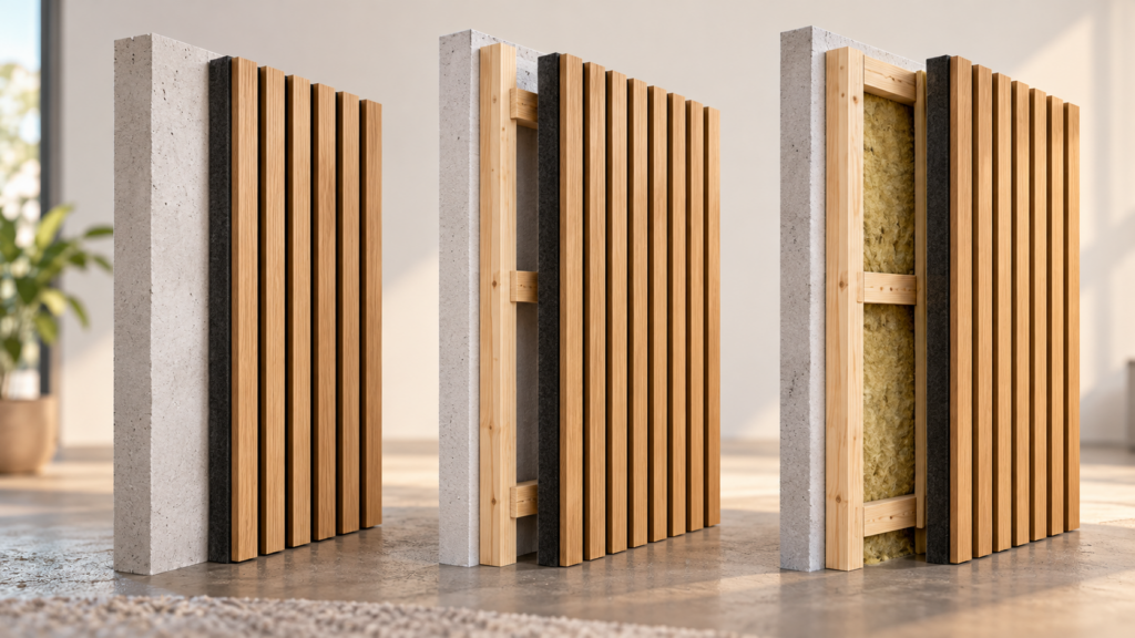 Vergleich von direkter Akustikpaneelmontage, Montage auf Holzlattung und Montage mit zusätzlichem Absorptionsmaterial.