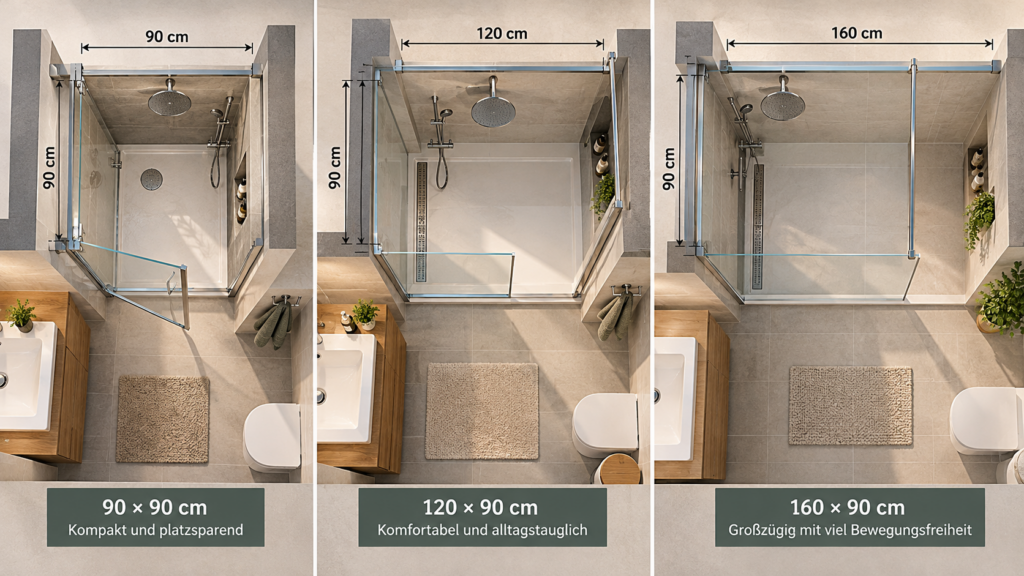 Vergleich der Duschgrößen 90 × 90, 120 × 90 und 160 × 90 Zentimeter in maßstäblichen Grundrissen.