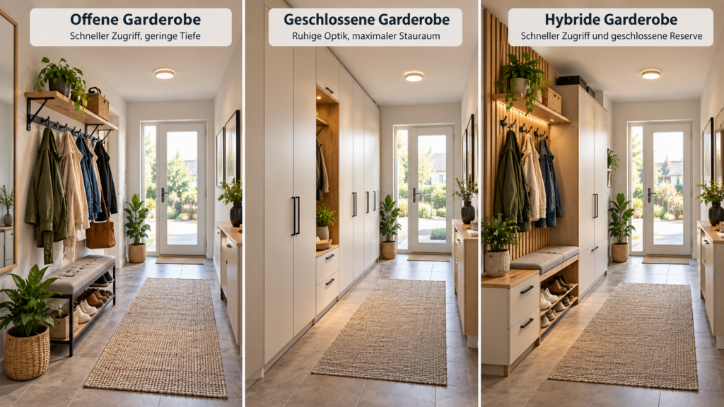 Offene geschlossene und hybride Garderobe im Flur vergleichen