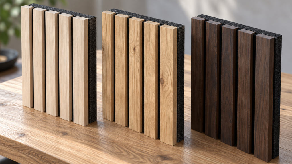 Drei Akustikpaneele mit unterschiedlichen Holzoberflächen und Filzrücken im Materialvergleich.