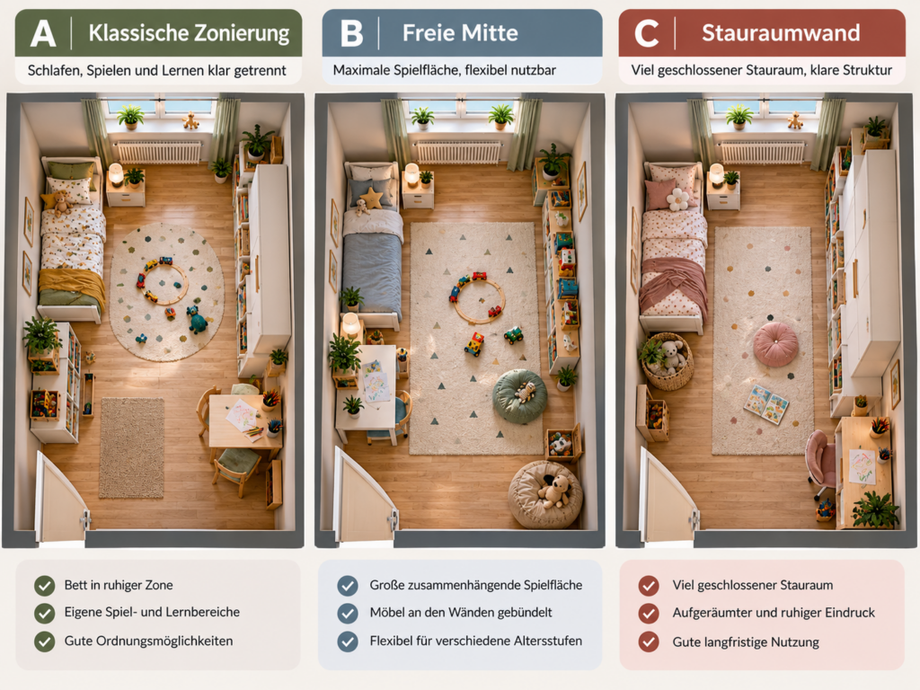 Drei Grundrissvarianten für die Planung eines Kinderzimmers im Vergleich