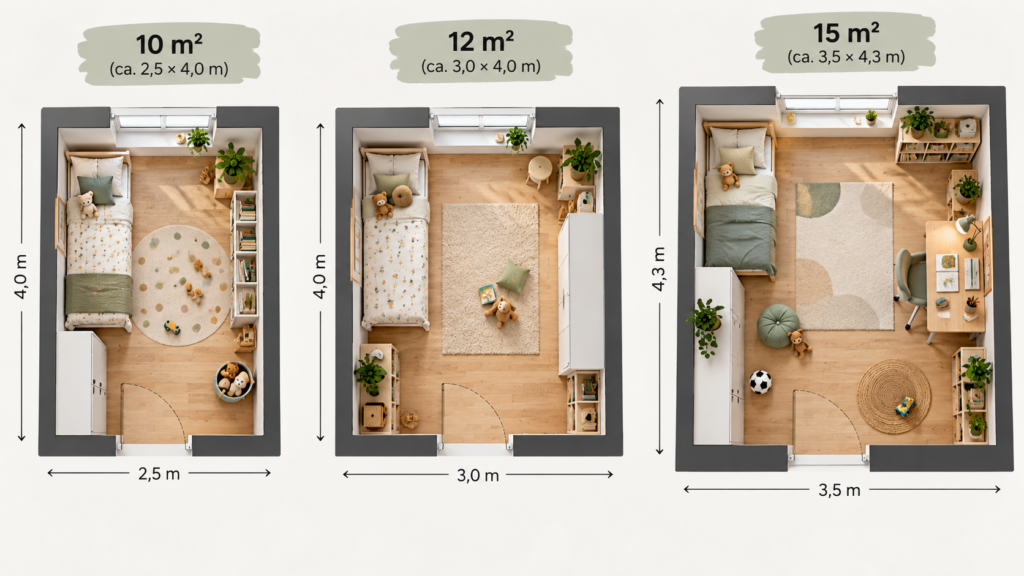 Drei mögliche Grundrisse für mitwachsende Kinderzimmer mit Bett, Stauraum und freier Fläche