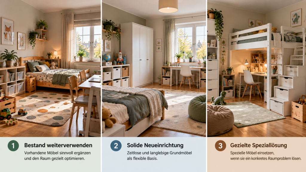 Drei Einrichtungsstrategien für ein mitwachsendes Kinderzimmer mit unterschiedlichen Investitionskosten.