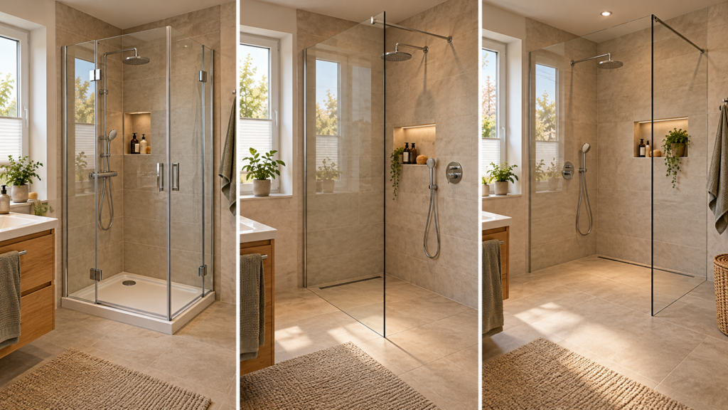 Drei Duschvarianten im Vergleich: Eckdusche, bodengleiche Dusche und offene Walk-in-Dusche. Dusche planen.