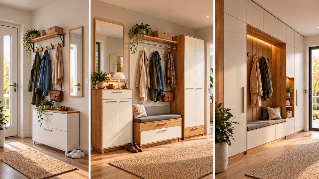 Vergleich einer einfachen 300-Euro-Garderobe, einer 1100-Euro-Familiengarderobe und einer maßgefertigten Garderobe.