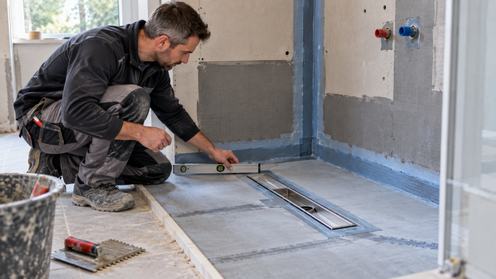 Fachhandwerker prüft Abdichtung und Bodenablauf einer bodengleichen Dusche.