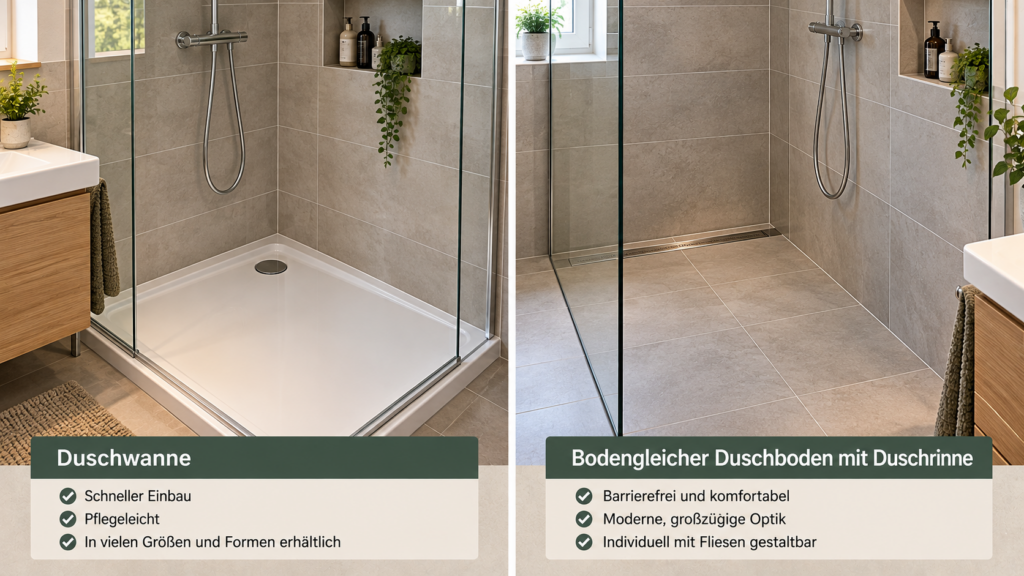 Flache Duschwanne und bodengleich gefliester Duschboden mit Duschrinne im Vergleich.