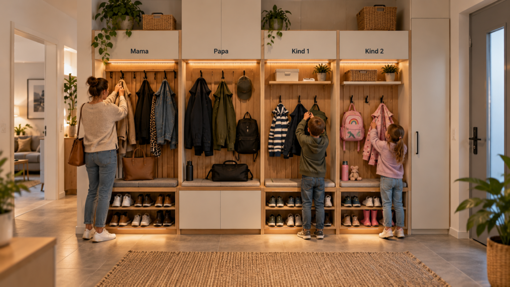 Familiengarderobe mit festen Plätzen für Jacken Schuhe und Taschen