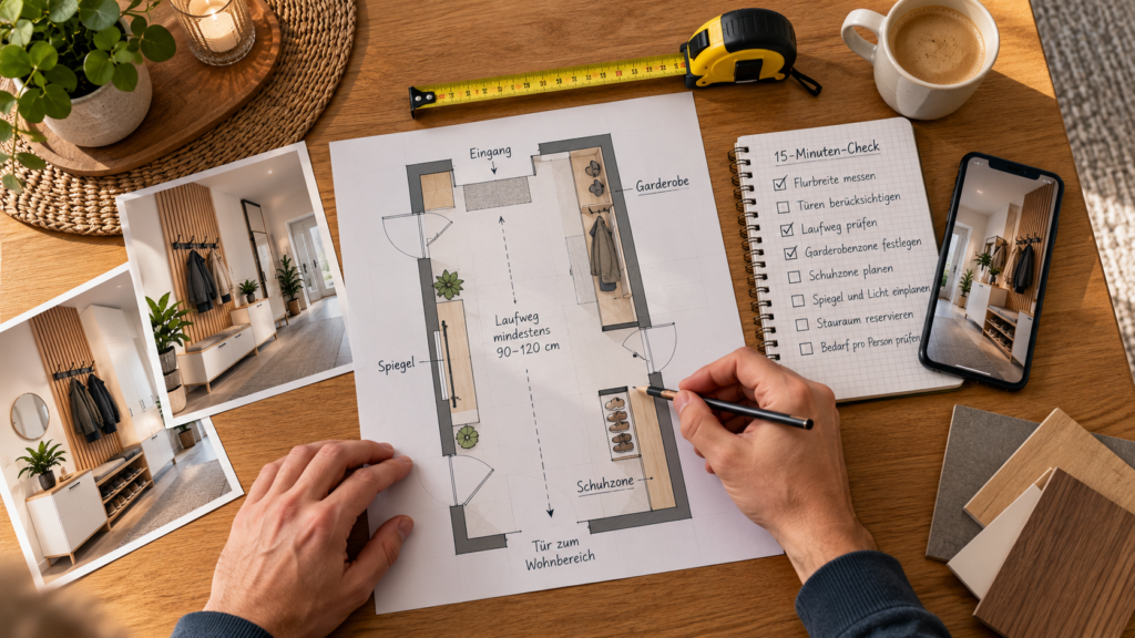 Flur und Garderobe mit Grundriss Maßband und Planungscheck vorbereiten