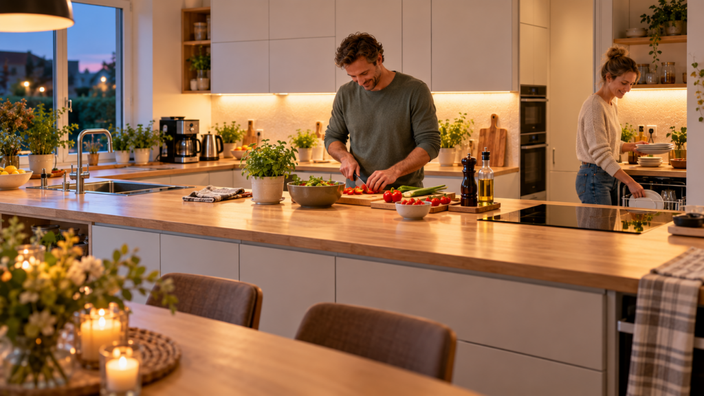 Gut geplante Küchenarbeitsfläche mit freier Vorbereitungszone im Familienalltag