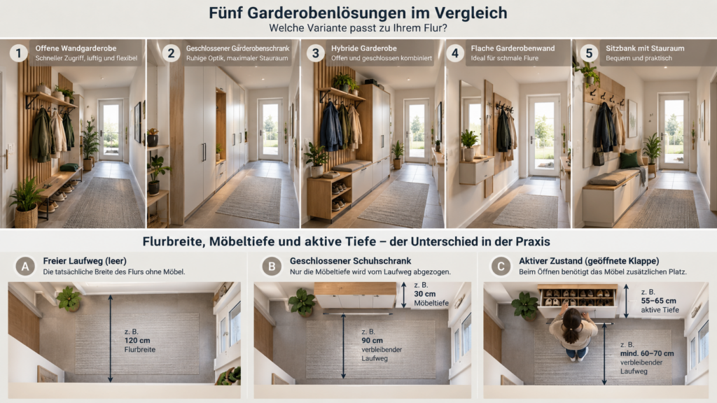 Möbeltiefe und aktive Tiefe einer Garderobe im Flur vergleichen