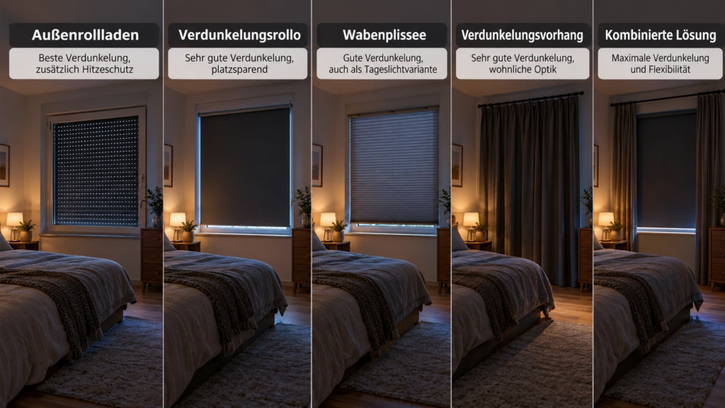 Seitlicher Lichteinfall und Lichtspalten bei einem Verdunkelungsrollo im Schlafzimmer