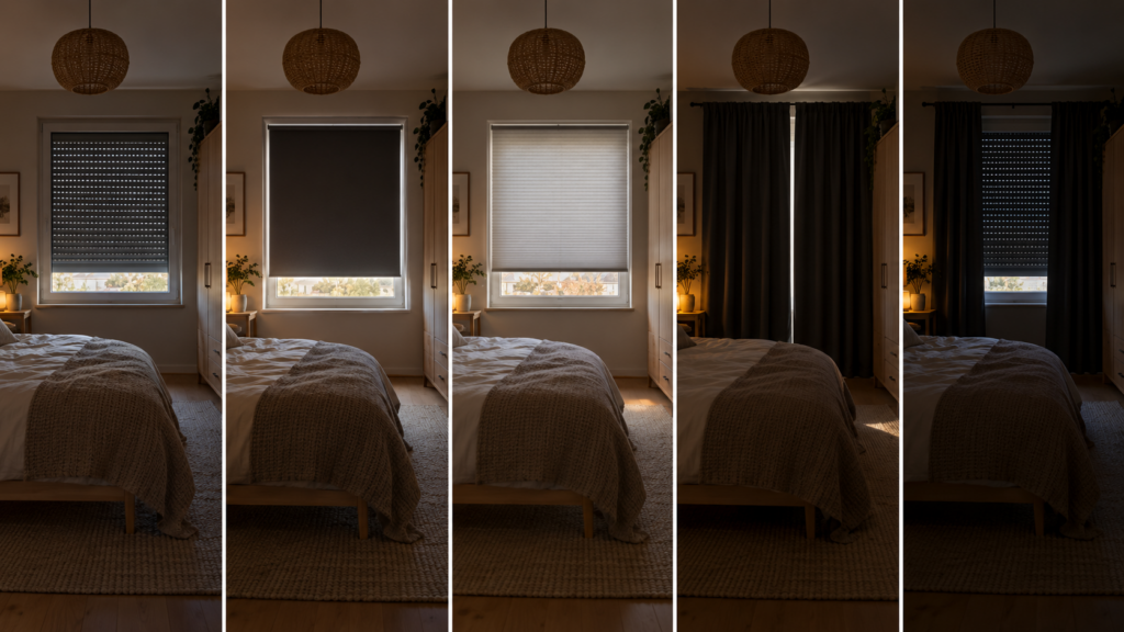 Vergleich von Rollladen, Verdunkelungsrollo, Plissee und Verdunkelungsvorhang im Schlafzimmer