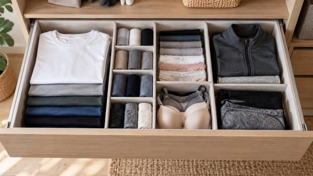 Geöffnete Kleiderschrankschublade mit Stofftrennwänden und übersichtlich sortierten T-Shirts, Socken, Unterwäsche und Sportkleidung.
