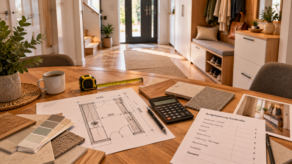 Budgetplanung für eine Garderobe mit Grundriss, Maßband, Taschenrechner und Materialmustern.