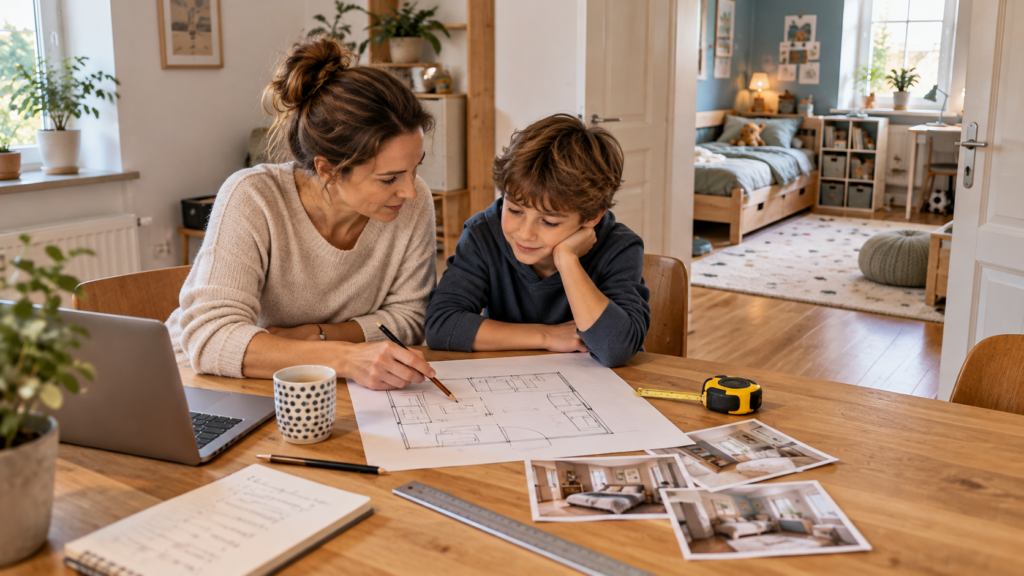 Elternteil und Kind planen gemeinsam ein mitwachsendes Kinderzimmer mit Grundriss und Maßband