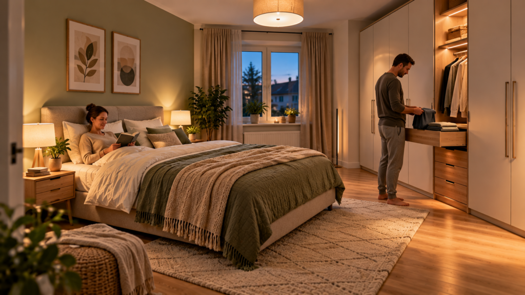 Wirtschaftlich geplantes Schlafzimmer mit Bett Kleiderschrank freien Laufwegen und ruhiger Beleuchtung
