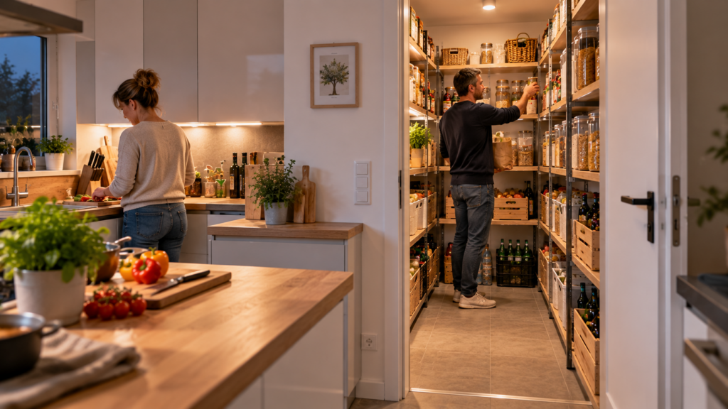 Wirtschaftlich geplante Speisekammer mit übersichtlichen Vorräten und funktionalen Regalen