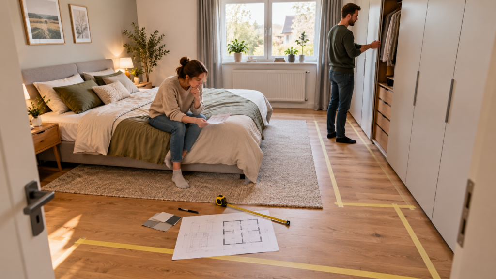 Schlafzimmer vor Kauf und Umsetzung mit Bett, Kleiderschrank, Grundriss und Maßband prüfen