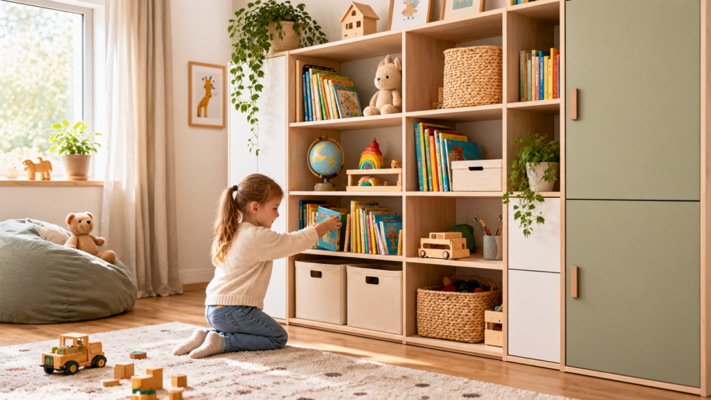 Modulares Kinderzimmerregal mit erreichbaren Fächern, Spielzeugboxen und geschlossenen Stauraumbereichen