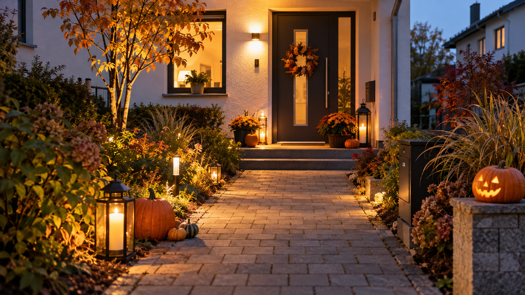 Sicher gestaltete Halloween-Deko im Garten mit freiem Eingangsweg, Kürbissen und LED-Beleuchtung