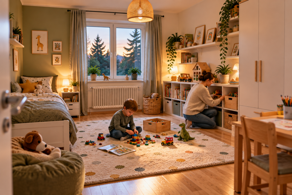 Ruhiges funktionales Kinderzimmer mit freier Spielfläche und erreichbarem Stauraum im Familienalltag