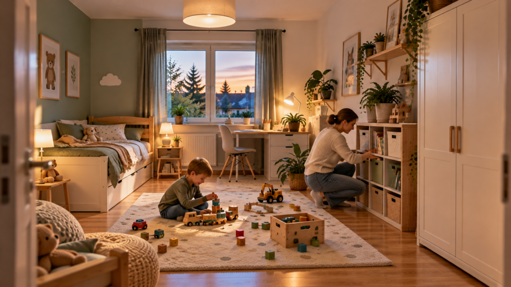 Wirtschaftlich eingerichtetes Kinderzimmer mit freier Spielfläche, zeitlosen Möbeln und gut organisiertem Stauraum.