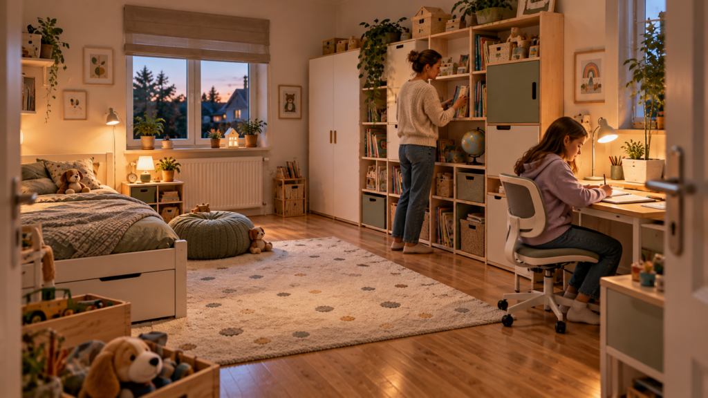  Langfristig geplantes Kinderzimmer mit zeitlosem Bett, modularem Stauraum, Lernplatz und freier Fläche