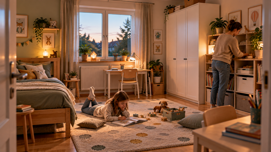 Wirtschaftlich und langfristig geplantes Kinderzimmer mit zeitlosen Möbeln, freier Spielfläche und flexibel nutzbarem Stauraum.