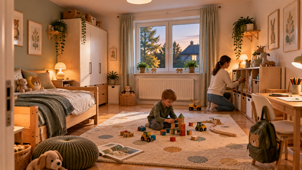 Gut geplantes Kinderzimmer mit freier Spielfläche, sicherem Stauraum und funktionalem Schlafbereich im Familienalltag.