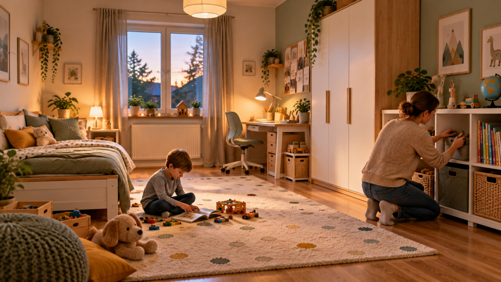 Mitwachsend geplantes Kinderzimmer mit zeitlosem Bett, flexiblem Stauraum und freier Spielfläche.