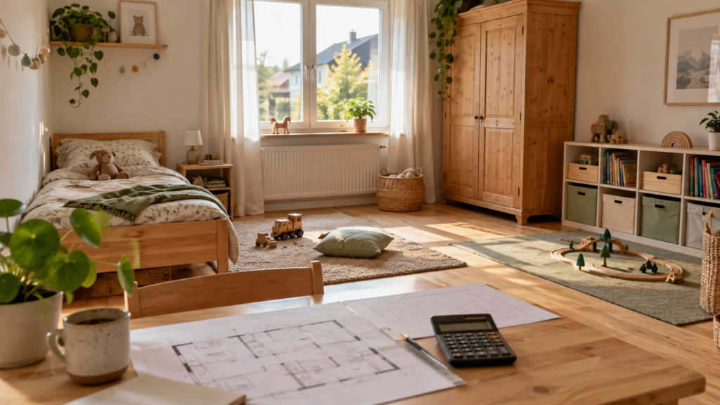Realistisch geplantes Kinderzimmer mit Bett, Stauraum, freier Spielfläche und Unterlagen zur Kostenplanung.