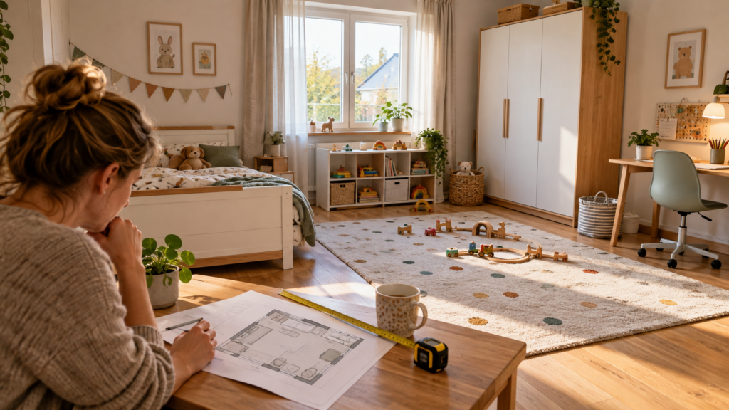 Mitwachsendes Kinderzimmer mit Raumplan zur Prüfung vor dem Möbelkauf.