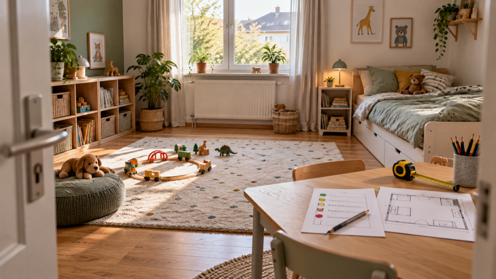 Kinderzimmerplanung mit Checkliste und Maßband vor dem Möbelkauf.