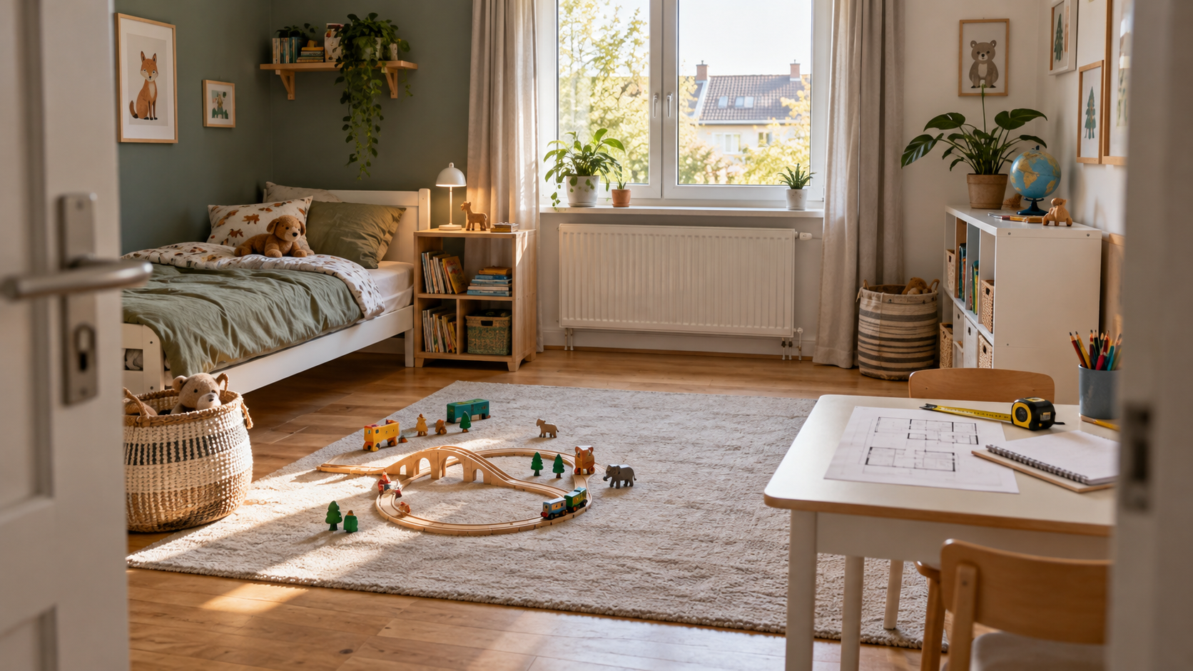 Kinderzimmer mit Bett, freier Spielfläche und Unterlagen für die Prüfung vor dem Möbelkauf