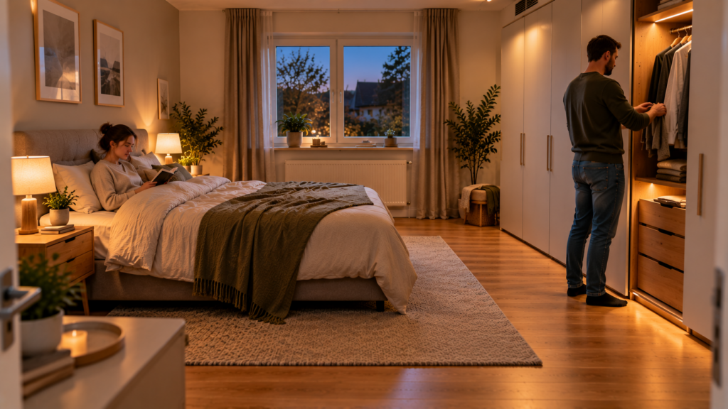Funktional eingerichtetes Schlafzimmer mit freien Laufwegen Stauraum und ruhiger Beleuchtung