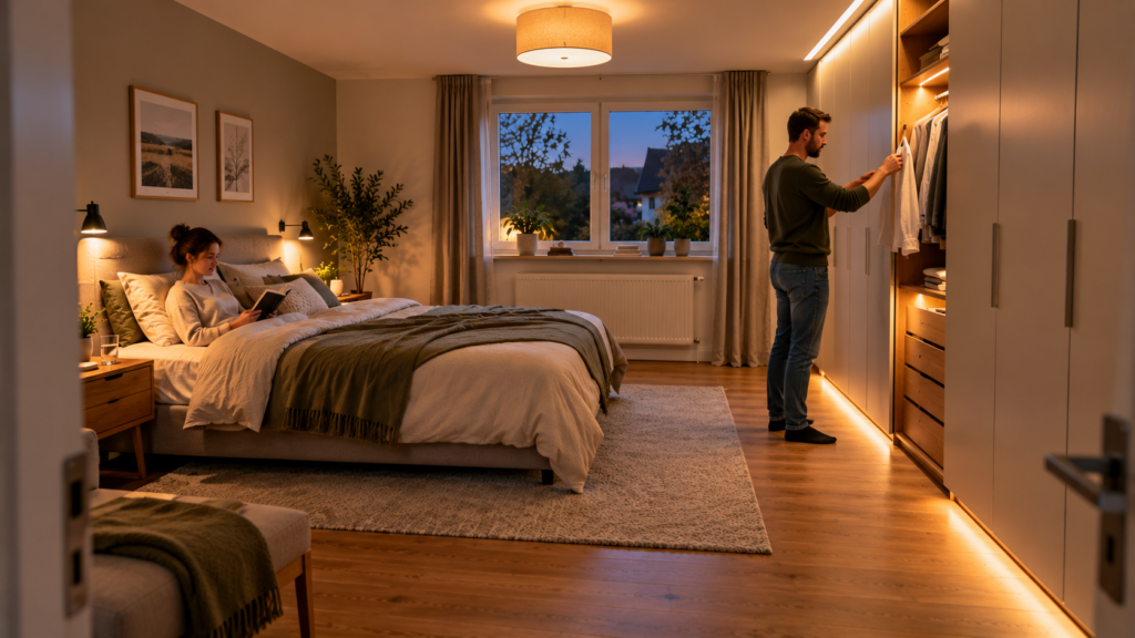 Schlafzimmer mit Grundlicht Leselicht und funktionaler Schrankbeleuchtung