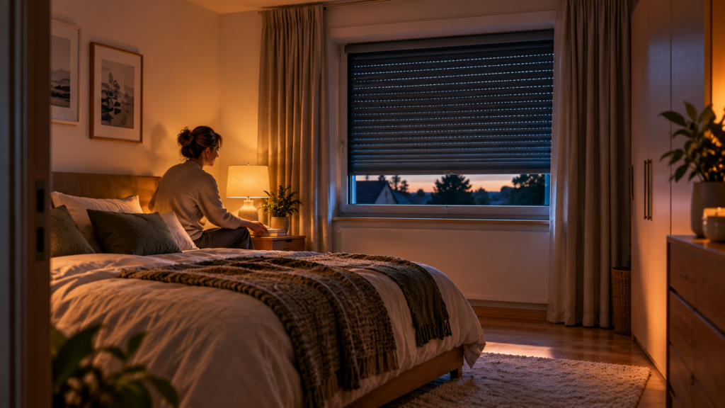 Automatischer Rollladen verdunkelt das Schlafzimmer am Abend