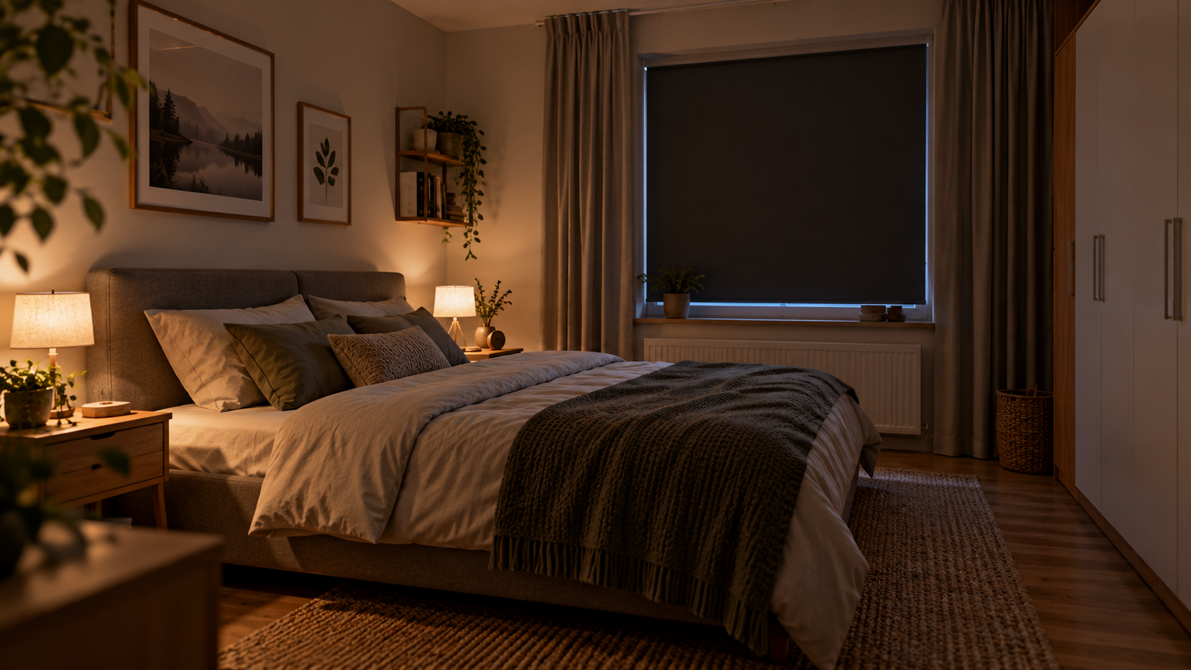 Ruhig verdunkeltes Schlafzimmer mit Verdunkelungsrollo, Vorhängen und warmer Abendbeleuchtung