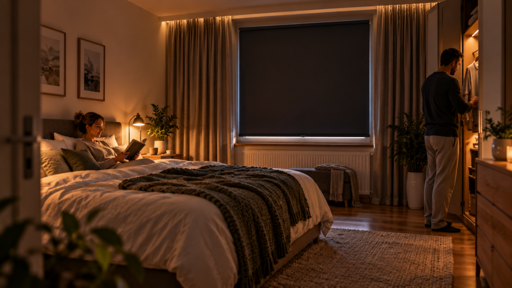 Ruhig verdunkeltes Schlafzimmer mit funktionaler Fensterverdunkelung und warmem Bettlicht