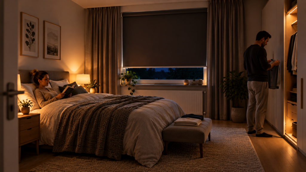 Gut verdunkeltes Schlafzimmer mit ruhigem Abendlicht und funktionaler Einrichtung