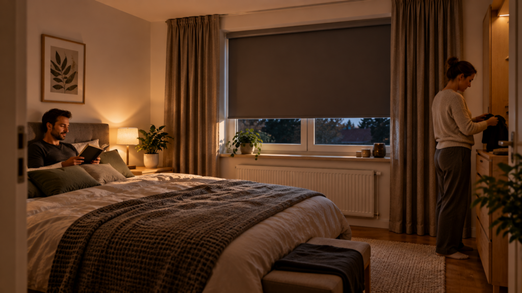 Gut verdunkeltes Schlafzimmer als ruhiges funktionierendes Alltagssystem
