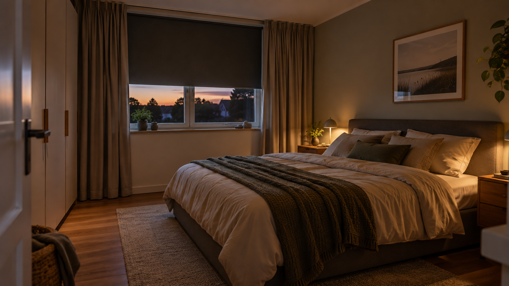 Gut verdunkeltes Schlafzimmer mit Rollo und Vorhängen als wirtschaftlich geplante Fensterlösung