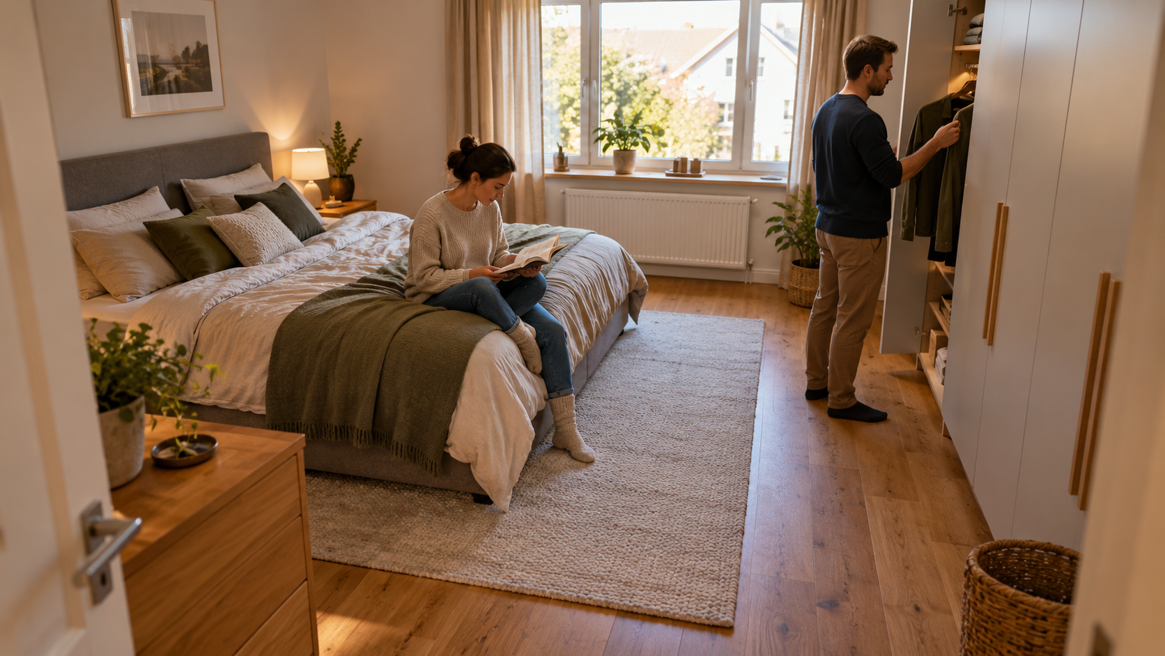 Funktional eingerichtetes Schlafzimmer mit Doppelbett, Kleiderschrank, freien Laufwegen und ruhiger Beleuchtung