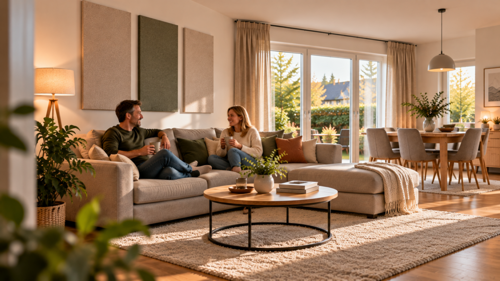 Ruhiges Wohnzimmer mit gezielt eingesetzten Wandabsorbern, Teppich und Vorhängen für eine verbesserte Raumakustik.