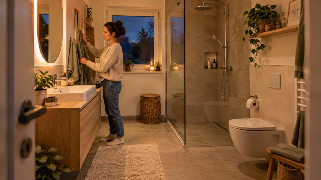 Gut geplantes Badezimmer mit Dusche, Stauraum und freien Bewegungsflächen im Alltag.