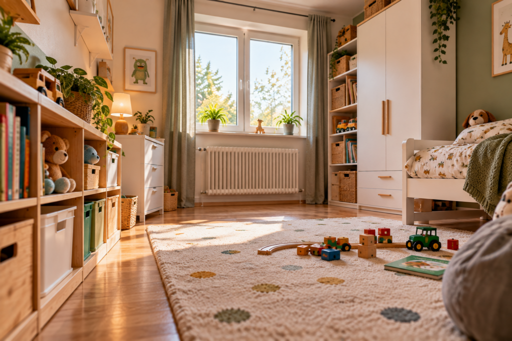 Kinderzimmer aus Kinderhöhe mit sicherer Fensterzone, befestigtem Regal und geordneten Kabeln