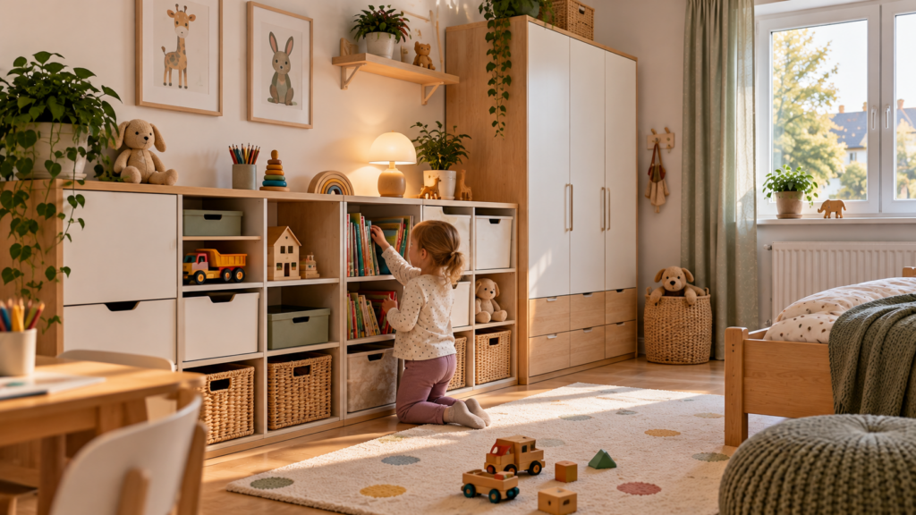 Kinderzimmer mit niedrigem erreichbarem Stauraum und geschlossenen Schrankfächern.